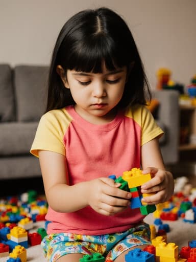 7세 중동계 여성 아동의 반신 촬영으로 귀엽고 순수한 외모를 보여줍니다. 밝은 색의 티셔츠와 반바지를 입고 졸린 표정으로 레고 블록을 쥐고 있으며, 아늑한 거실 바닥에 장난감과 소파가 흩어져 있는 모습입니다.