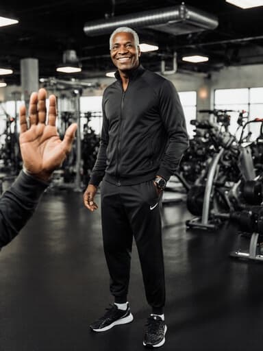 이 이미지는 50대의 자신감 있는 흑인 남성이 스타일리시한 스포츠 트레이닝 복을 입고 따뜻하게 미소 지으며 인사하는 모습을 담고 있습니다. 다양한 운동 기구와 밝은 조명이 있는 활기찬 체육관 배경에서 활동적이고 친근한 분위기를 자아냅니다.