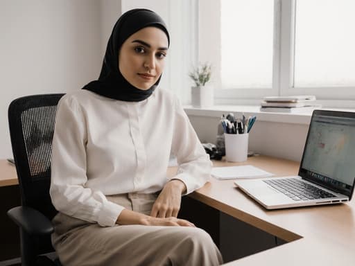 30대 중동계 여성이 자연스러운 외모로 현대적인 사무실 책상에 앉아 편안한 블라우스와 슬랙스를 입고 노트북을 바라보며 동영상을 시청하는 모습의 반신 상반신 샷. 사무실은 현대적이며 책상 위에 사무용품이 정리되어 있어 평온하고 생산적인 분위기를 연출합니다.