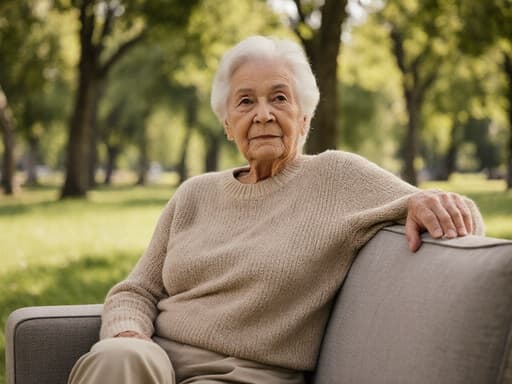 이 이미지는 평화로운 공원에서 소파에 앉아 있는 80세 라틴계 여성의 모습입니다. 그녀는 편안한 니트 스웨터와 캐주얼한 바지를 착용하고 팔걸이에 기대어 지루한 표정을 짓고 있으며, 푸르고 무성한 나무와 잔디에 둘러싸여 있습니다.