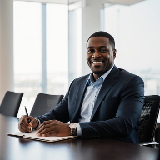 40대 아프리카계 남성이 편안한 정장과 셔츠를 입고 현대적인 회의 테이블에 앉아 있는 반신 촬영입니다. 긍정적인 표정을 지으며, 메모를 하거나 동료를 바라보며 적극적으로 참여하고 있습니다. 밝고 열린 분위기의 현대적인 인테리어가 전문적인 분위기를 잘 반영하고 있습니다.