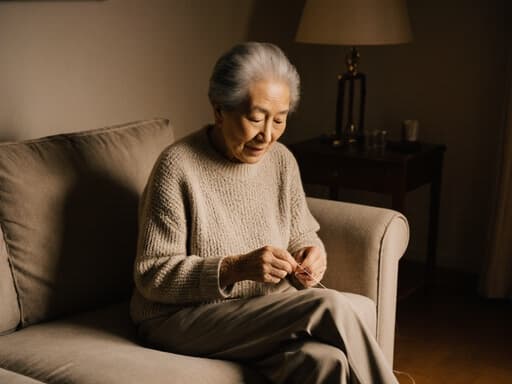 70대의 편안한 외모를 가진 동양인 여성이 니트 스웨터와 슬랙스를 입고 아늑한 거실의 소파에 앉아 바느질을 하고 있는 모습의 반신 사진입니다. 그녀는 실과 바늘을 손에 쥐고 편안하고 여유로운 표정을 짓고 있습니다. 부드러운 조명과 잘 정돈된 배경이 아늑한 분위기를 만들어냅니다.