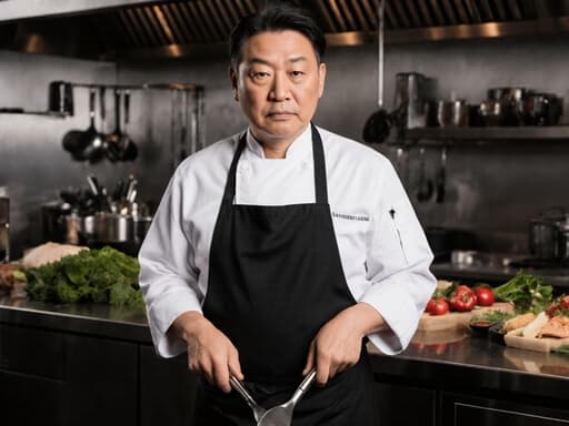 이 이미지는 40대 동양인 남성 셰프가 반신 상으로 촬영된 모습으로, 흰색 조리복과 검정색 앞치마를 착용하고 있습니다. 그는 레스토랑 주방에서 요리 도구를 들고 유연한 자세로 춤추는 듯한 포즈를 취하고 있으며, 무관심한 표정으로 요리에 대한 흥미를 잃은 듯한 느낌을 줍니다. 배경에는 재료와 도구로 가득한 주방의 조리대가 보입니다.