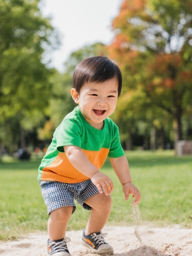 평화로운 공원에서 모래와 상호작용하며 즐겁게 웃고 있는 귀여운 1세 남성 동양인 아이의 전신 사진, 밝은 색의 티셔츠와 반바지, 운동화를 착용하고, 푸른 잔디와 나무들이 있는 배경 속에서.