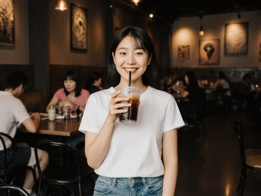 10대 후반의 아시아계 여성은 캐주얼한 티셔츠와 청바지를 입고 자연스럽게 웃으며 아늑한 식당에서 음료를 마시고 있습니다. 주변에 다른 손님들이 있어 따뜻하고 초대하는 분위기가 연출됩니다.