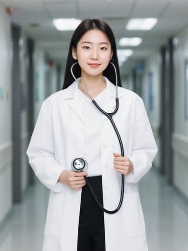 병원의 깨끗하고 밝은 복도를 빠르게 달려가는 활기찬 한국인 10대 후반 여성의 전신 사진으로, 의사 복장을 착용하고 의료 장비를 쥐고 있으며, 환자를 돕고자 하는 열정을 보여줍니다.