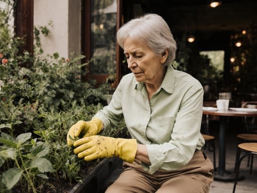 60대 유럽계 여성이 가벼운 셔츠와 작업용 바지를 입고 정원과 연결된 아늑한 카페에 앉아 있습니다. 그녀는 장갑을 끼고 식물의 병충해를 점검하기 위해 가까이 다가가 차가운 표정을 짓고 있습니다. 주변은 다양한 식물로 가득 차 있어 자연적인 분위기를 더합니다.