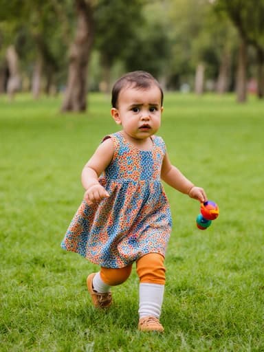 1세의 중동계 여성 아기가 밝은 색상의 원피스와 귀여운 바지를 입고 전체 사진에 담겼습니다. 그녀는 불안하고 배고픈 표정을 지으며 손에 작은 장난감을 들고, 공원의 푸른 잔디 위에서 즐겁게 뛰어다니며 춤을 추고 있습니다. 이 장면은 장난감과의 즐거운 상호작용과 생기 넘치는 환경을 강조합니다.