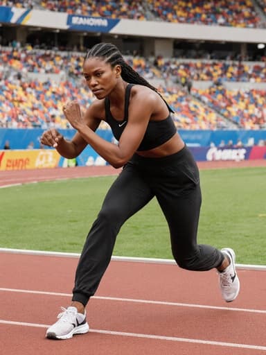 30대 아프리카계 여성이 전국 체육대회가 열리는 트랙 필드에서 춤추는 자세를 취한 전신 샷입니다. 그녀는 운동복과 운동화를 입고 있으며, 집중한 표정으로 역동적인 운동의 기쁨을 표현하고 있습니다.