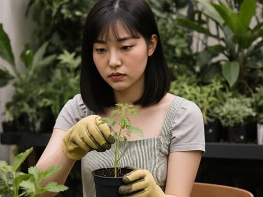 자연스러운 외모를 가진 20대 아시아계 여성 모델이 편안한 원피스와 원예 장갑을 착용하고, 작은 화분을 한 손에 들고 식물을 다루는 모습이 담긴 반신 사진입니다. 식물 번식에 집중하며 살짝 찡그린 표정이 그녀의 헌신을 나타내고 있습니다. 풍성한 녹색 식물로 가득한 실내 정원 카페 배경이 고요한 분위기를 더해주며 자연과의 연결을 강조합니다.