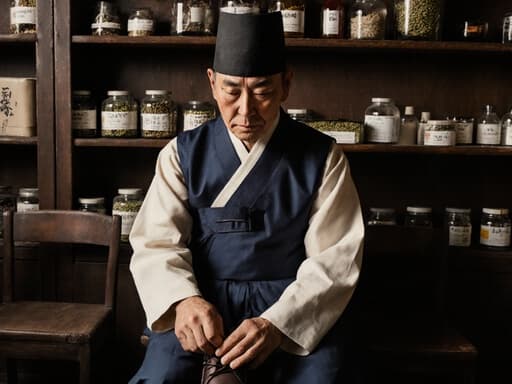 전통 한복을 입고 있는 50대 아시아 남성이 지친 표정으로 한약방 대기실에 앉아 신발을 신으려는 모습의 반신 사진. 선반에는 약초와 한약재가 진열되어 있어 헌신적인 한의사의 본질을 보여줍니다.
