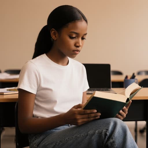 10대 초반 아프리카계 소녀의 반신 촬영으로, 편안한 티셔츠와 청바지를 입고 있습니다. 양손으로 책을 잡고 집중하여 읽고 있는 모습이며, 차분한 표정을 짓고 있습니다. 배경에는 온라인 강의실의 책상 위에 노트북과 교재가 있어 학습 분위기를 만들어내고 있습니다.