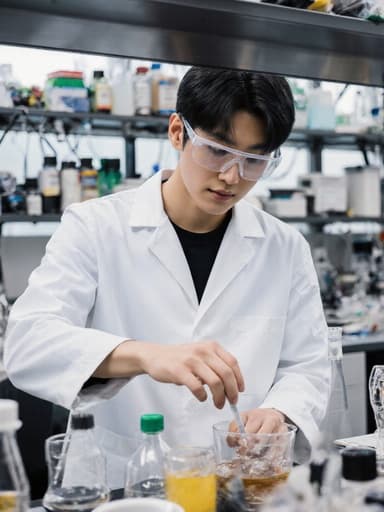 자신감 넘치는 10대 후반의 한국 남성이 실험실 가운과 안전 안경을 착용하고 최첨단 연구실에서 과학 실험에 몰두하고 있습니다. 정교하게 재료를 혼합하며 과학에 대한 열정을 나타내고 있는 모습이 다양한 실험 장비가 배경으로 펼쳐진 장면입니다.