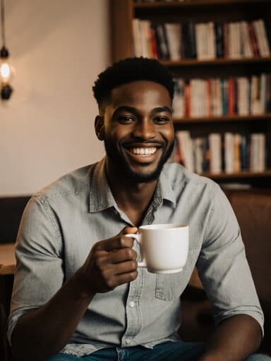 20대 아프리카계 남성이 캐주얼한 셔츠와 청바지를 입고 커피 잔을 들고 친근한 미소를 짓고 있습니다. 아늑한 카페 배경과 책장이 있는 공간이 매력적인 분위기를 더해줍니다.
