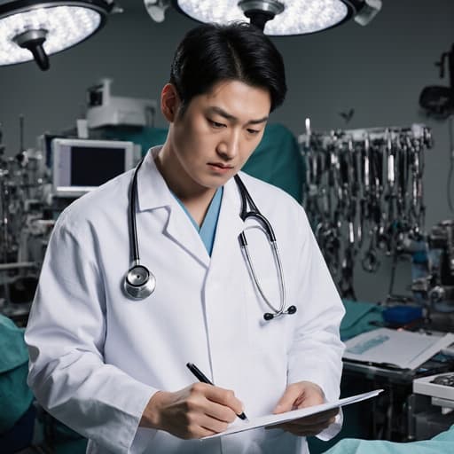 수술실에서 의료 기기와 수술 도구가 정돈된 배경 속에 의사 가운을 입고 청진기를 목에 건 30대 아시아계 남성이 서류를 검토하며 긴장한 표정을 짓고 있는 반신 샷으로, 전문성과 집중력을 전달합니다.