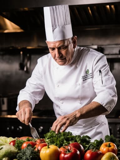 고급 레스토랑 주방에서 식재료를 준비하며 점프하는 60대 유럽계 남성 요리사의 전신 샷. 그는 전통적인 흰색 조리복과 요리사 모자를 착용하고 있으며, 자신감 넘치고 우아한 표정을 지으며 활기찬 분위기를 연출하고 있습니다.