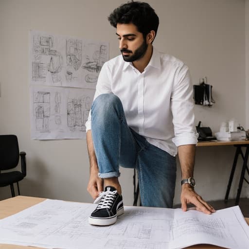 30대 중동계 남성이 자연스러운 외모로 현대적인 디자인 창작실에서 반신샷으로 촬영되었습니다. 그는 편안하고 스타일리시한 셔츠에 청바지와 트렌디한 운동화를 착용하고 있습니다. 남성은 차분한 표정으로 디자인 계획에 집중하며 한쪽 발을 들어올려 신발을 신으려 하고 있습니다. 깔끔하고 현대적인 배경에는 다양한 디자인 스케치와 샘플이 걸려 있어 창의적인 분위기를 강조하고 있습니다.