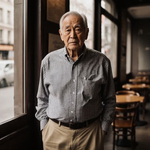 아늑한 카페에서 주름진 피부와 백발의 80대 유럽 남성의 반신 촬영, 주머니에 손을 넣고 걱정스러운 표정을 지으며 잔잔한 분위기에 둘러싸여 있습니다.