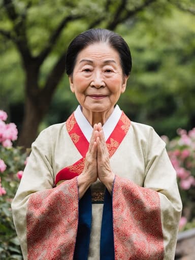 이미지는 80대 백인 여성으로 전통적인 한복을 입고 있는 모습입니다. 그녀는 푸르른 공원에서 서 있으며, 지혜로운 표정을 지으며 손을 가볍게 모아 인사하는 자세를 취하고 있습니다. 주변의 푸르른 나무와 꽃들이 고요한 분위기를 더해줍니다.