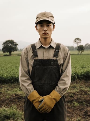 작업복과 농업 장갑을 착용한 20대 동양인 남성이 차가운 표정으로 손을 주머니에 넣고 서 있는 모습. 배경은 푸른 들판과 나무들이 있는 농장 풍경이다.