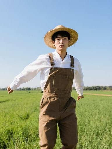 전통적인 농부의 의상을 입은 10대 후반의 아시아계 남성이 농장에서 점프하는 자세로 서 있으며, 무관심한 표정을 짓고 있습니다. 푸른 하늘과 넓은 들판이 펼쳐진 아름다운 풍경 속에서 농업 생활의 본질을 포착하고 있습니다.