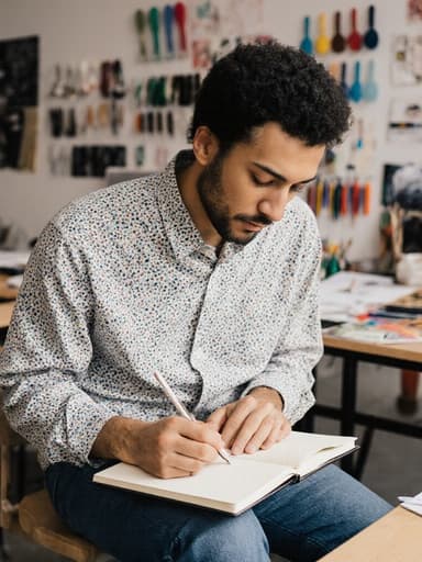 30대 혼혈 남성이 편안한 셔츠와 청바지를 입고, 현대적인 디자인 스튜디오에서 노트에 아이디어를 적으며 창의적이고 자유로운 표정을 짓고 있는 반신 사진.