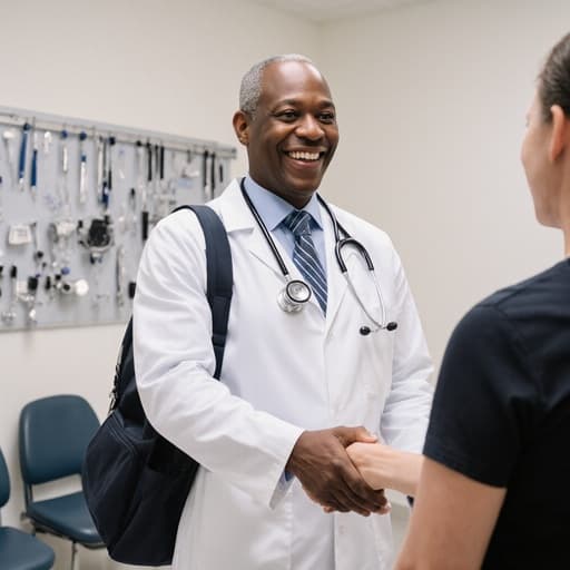 50대 아프리카계 남성 의사가 의사 가운과 청진기를 착용하고, 환자를 반갑게 맞이하며 의료 가방을 메고 있는 반신 사진. 진료실 내부에는 의료 기구와 대기 의자가 배치되어 있다.