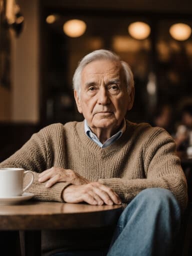 70대 유럽계 남성이 아늑한 카페 테이블에 앉아 편안한 니트 스웨터와 청바지를 입고, 약간 피곤한 표정을 짓고 있는 반신 사진. 따뜻한 조명이 비추는 아늑한 카페의 분위기를 느낄 수 있다.