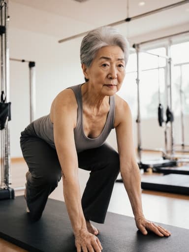 60대 동양인 여성이 편안한 필라테스 의상을 입고, 밝은 필라테스 실습실의 필라테스 매트 위에서 우아한 포즈를 취하고 있는 반신 사진. 피곤한 표정을 짓고 있지만, 여전히 집중하는 모습으로, 필라테스에 대한 헌신과 우아함을 나타내고 있습니다.
