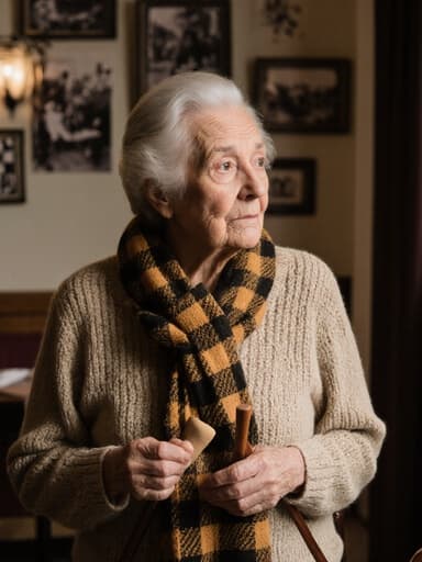 자연스러운 외모를 가진 80대 백인 여성이 편안한 니트 스웨터와 따뜻한 색상의 체크무늬 스카프를 입고 있는 반신 샷입니다. 그녀는 걱정스러운 표정을 지으며 아늑한 카페를 걷고 있고, 손에는 전통 놀이 도구를 들고 있습니다. 카페의 벽에는 전통 놀이와 관련된 사진들이 장식되어 있어 향수를 불러일으키는 분위기를 더하고 있습니다.