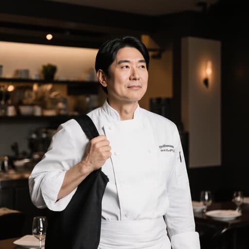 40대 한국인 남성 셰프의 반신 사진으로, 중간 길이의 머리를 가진 그는 깨끗한 흰색 조리복과 앞치마를 착용하고 있습니다. 그는 편안한 자세로 서 있으며, 한쪽 어깨에 요리 가방을 메고 있습니다. 그의 표정은 무관심하며 미소는 없고 시선은 멀리 떨어져 있습니다. 배경은 주방과 식사 공간이 보이는 아늑한 레스토랑 내부로, 셰프의 존재와 잘 어우러지는 초대하는 분위기를 자아냅니다.