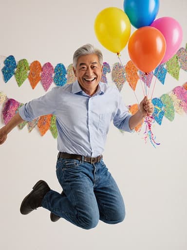 50대 아시아계 남성이 캐주얼한 셔츠와 청바지를 입고 생일 풍선을 들고 즐겁게 점프하는 모습의 전신 사진, 화려한 생일 장식이 있는 파티 장소에서 기쁨과 축하의 느낌을 전합니다.