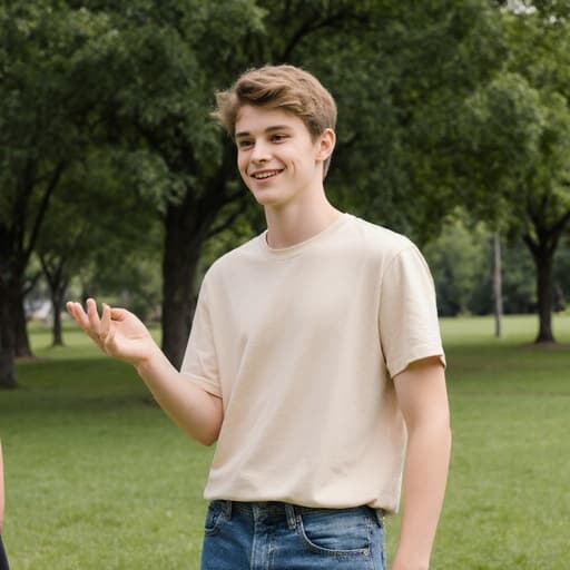 10대 초반의 백인 남성이 평화로운 공원에서 편안한 티셔츠와 청바지를 착용하고 서 있습니다. 친근한 표정으로 상대방에게 인사하는 모습이 드러나고, 푸른 나무와 풀이 둘러싸인 환경 속에서 차분한 분위기를 자아냅니다.