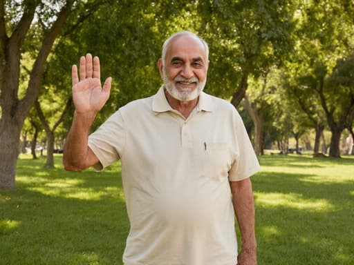 70대 중동계 남성이 편안한 카라 티셔츠와 반바지를 입고 푸른 공원에서 반신을 찍은 사진. 그는 무관심한 표정으로 가족에게 손을 흔들며, 생동감 넘치는 녹색 배경 속에서 편안한 친밀감을 전달하고 있습니다.