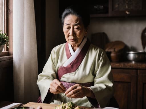 전통적인 한복을 입고 있는 70대 동양인 여성의 반신 촬영으로, 따뜻하고 아늑한 주방에서 재료를 준비하는 모습입니다. 그녀는 걱정스러운 표정을 짓고 있으며, 전통 음식을 만드는 과정에서 문화적 유산과 개인적인 감정을 잘 나타내고 있습니다.