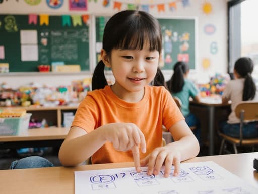 밝은 색상의 티셔츠와 청바지를 입은 7세 아시아계 소녀가 자연스러운 외모로 숫자를 손가락으로 세며 약간 앞으로 기울어져 활기차고 즐거운 표정을 짓고 있는 모습이 반신 샷으로 촬영되었습니다. 배경은 다양한 학습 도구로 가득 찬 학교 교실처럼 꾸며진 카페로, 매력적이고 교육적인 분위기를 연출합니다.