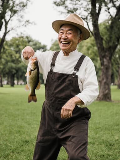 60대의 기쁜 아시아계 남성이 전통 어부 작업복을 입고 평화로운 공원에서 신선한 물고기를 들고 즐겁게 춤추며 미소 짓고 있는 모습, 울창한 녹지 배경으로.