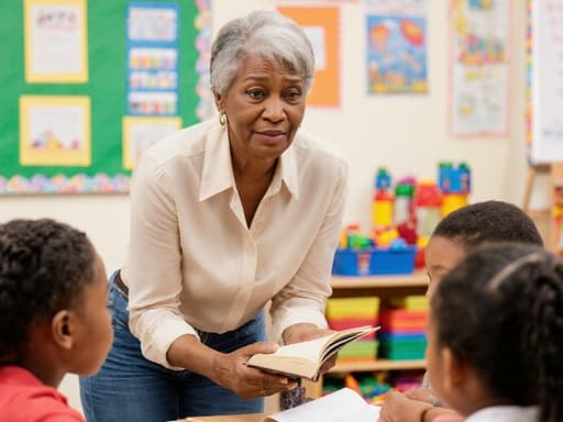 60대 아프리카계 여성이 편안한 블라우스와 청바지를 입고 책을 들고 아이들을 바라보며 약간 찡그린 표정을 짓고 있는 반신상입니다. 아이들과 소통하기 위해 몸을 약간 앞으로 기울이고 있으며, 배경은 교육적인 포스터와 장난감으로 가득한 밝은 색상의 교실입니다.