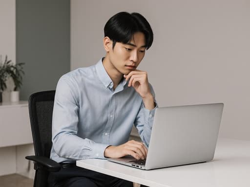 30대 아시아계 남성이 편안한 셔츠와 슬랙스를 입고, 깔끔한 현대적인 컴퓨터실의 테이블 위에 놓인 노트북을 바라보며 우아한 표정을 지으며 생각에 잠긴 모습의 반신 사진.