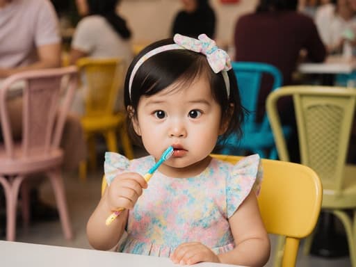 아기자기한 카페에 앉아 있는 귀여운 1세 동양인 여아가 작은 칫솔을 들고 지루한 표정을 지으며 입술에 가져가려 하고 있습니다. 그녀는 파스텔 색상의 아기용 원피스와 헤어밴드를 착용하고 있으며, 주변의 다양한 색상의 의자와 테이블이 있는 아늑한 분위기가 더해져 있습니다.