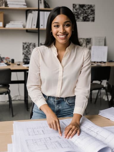 세련된 블라우스와 청바지를 입고 밝게 웃고 있는 혼혈 10대 소녀의 반신 사진으로, 현대적인 사무실에서 도면을 가리키며 긍정적이고 전문적인 분위기를 연출하고 있습니다.