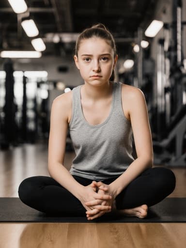 현대적인 헬스장에서 요가 매트 위에 서 있는 10대 초반의 유럽계 소녀가 라이트 그레이 탱크탑과 블랙 레깅스를 입고 있습니다. 자연스러운 외모가 돋보이며 긴장한 표정과 약간의 불안감이 느껴지는 가운데 손을 모으고 기다리고 있습니다. 밝고 에너지가 넘치는 헬스장 배경은 그녀의 차분한 태도를 강조하며 피트니스 주제를 잘 전달하는 매력적인 이미지를 만듭니다.