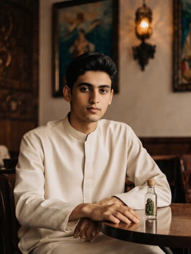 전통 의상을 입은 중동계의 젊은 소년이 카페 테이블에 자신감 있게 앉아 작은 약초 병을 들고 있습니다. 아늑한 분위기는 전통 장식과 예술작품으로 가득 차 있어 문화적인 몰입감을 제공합니다.