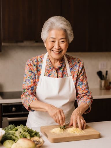 60대 아시아계 여성이 밝은 색상의 셔츠에 흰색 앞치마를 착용하고 있는 모습의 반신 촬영. 그녀는 조리대에서 재료를 정리하고 청소하는 자연스럽고 활기찬 자세를 취하고 있습니다. 배경은 깔끔하게 정돈된 주방 환경으로, 집에서 요리하는 따뜻하고 초대하는 분위기를 더합니다.