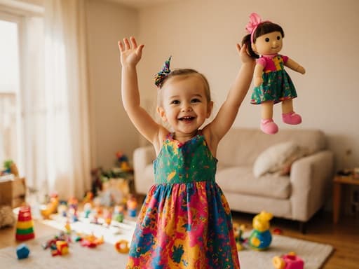 따뜻한 조명이 비추는 아늑한 거실에서 장난감을 들고 춤추며 행복한 표정을 짓고 있는 3세의 백인 소녀의 매력적인 반신 사진.