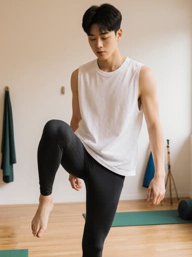 편안한 요가복을 입은 한국인 남자 10대 초반의 전체 모습이 담긴 이미지로, 자연광이 가득한 현대적인 요가 스튜디오에서 균형을 잡고 춤추는 자세를 취하며 차분하고 편안한 분위기를 전달합니다.