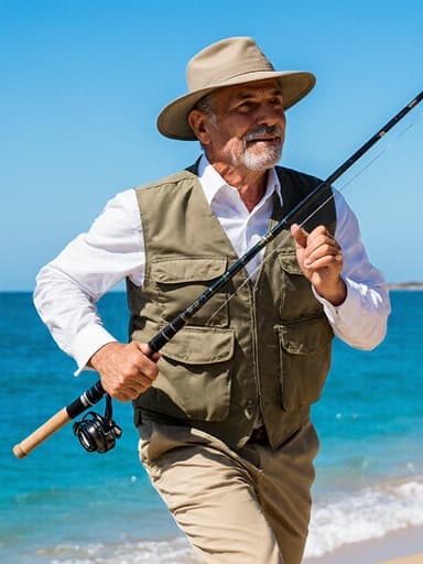 40대 라틴계 남성이 기능성 어업 복장을 입고 낚싯대를 들고 바다를 향해 달리고 있는 모습입니다. 배경은 아름다운 푸른 바다와 해변을 보여주며, 모험적인 분위기를 자아냅니다.