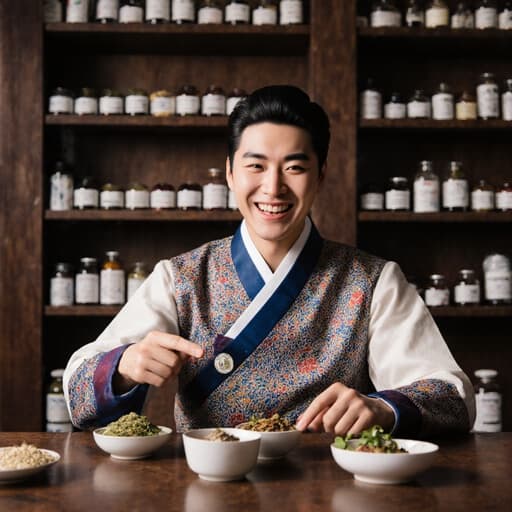전통 한복을 입은 20대 유럽계 남성이 한의원 테이블에 앉아 약재를 가리키며 행복한 표정을 짓고 있습니다. 배경에는 다양한 한약재와 전통 의료 도구가 진열된 선반이 있어 따뜻하고 초대하는 분위기를 자아냅니다.