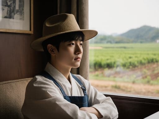 전통 농부 복장을 한 한국인 청소년이 소파에 앉아 팔짱을 끼고 농작물 수확에 대해 진지한 표정을 지으며 생각에 잠겨 있습니다. 카페 내부는 외부의 평화로운 농장 풍경으로 장식되어 있습니다.