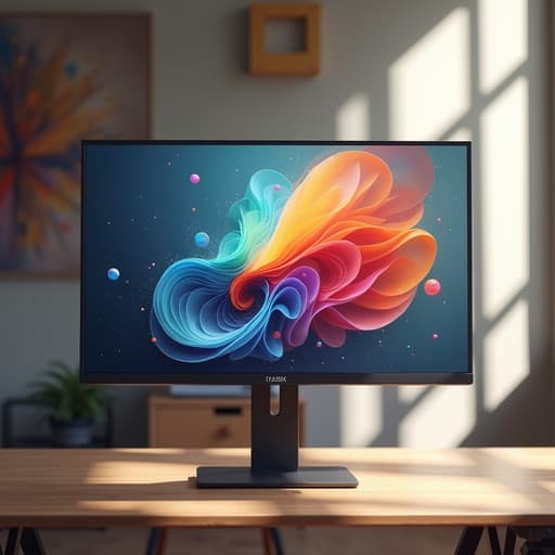 현대 미술 배경의 모니터, 추상적인 형태와 색상으로 구성된, 현대적이고 세련된 분위기.